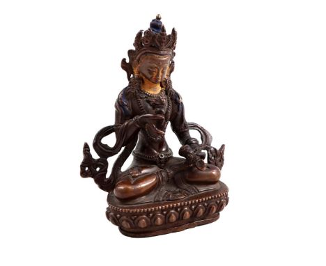 Bronze statue of Tara with vajra in hand and polychrome remains, China 19th century, 13 cm high