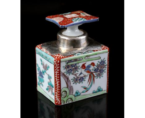 Porcelain Arita tea caddy with polychrome decor of a landscape with birds, marked on the cap, with silver fittings, Japan Mei
