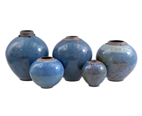 5 Raku ceramic blue glazed pots incl. marked, highest 24 cm