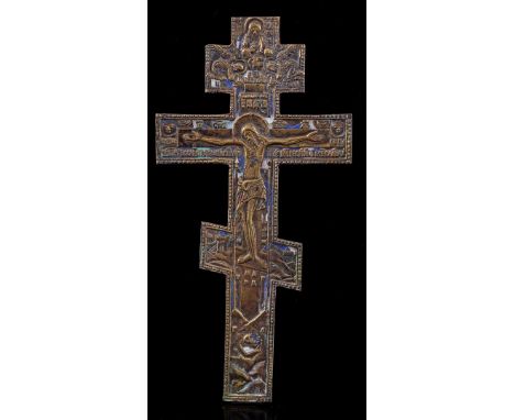 Bronze enamelled crucifix with text on the back, Russia 19th century, 27x13.5 cm