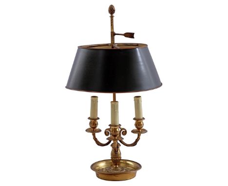 Brass 3-light bouillotte table lamp in Empire style, 60 cm high, shade 34 cm diameter