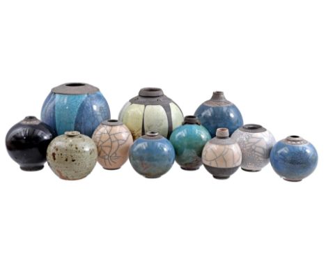 11 Raku ceramic glazed pots, incl. marked, highest 17 cm