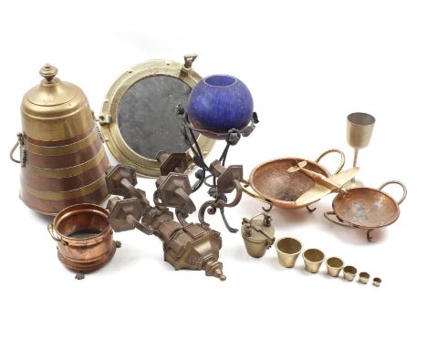 Copper cover, 38 cm high, bronze 5-light wall chandelier, 43 cm high, 34 cm wide, round mirror in brass frame, model porthole