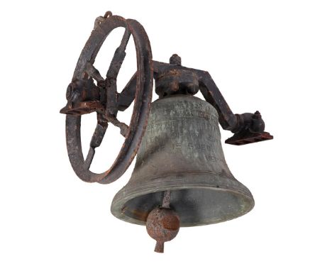 Bronze church bell with engraved text "Enter its gates with a song of praise, for the Lord is Good", on an iron suspension, f