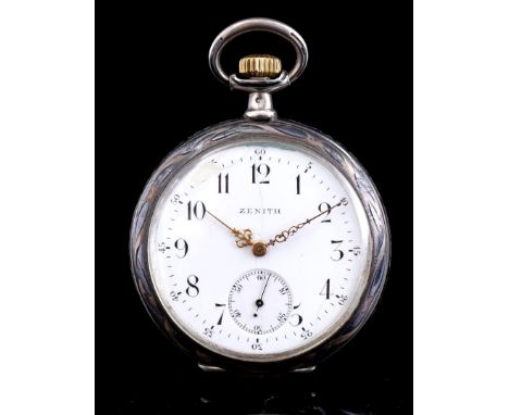 Zenith men's vest pocket watch in a silver case with Niello technique, case numbered 2271148 / 7990, case size is 53 mm (dial