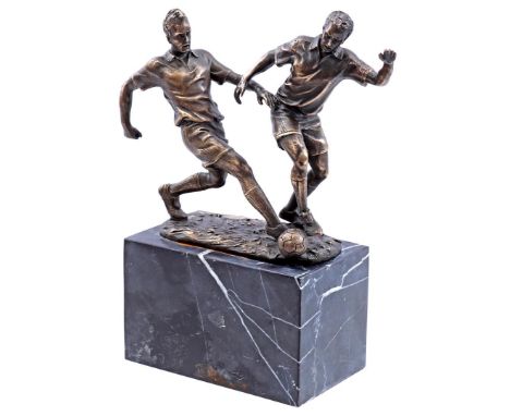 Bronze statue group of 2 football players, on marble base, 23 cm high