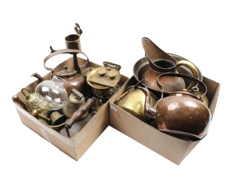 2 boxes with various copperware including apple kettles, aker, snot nose, tea caddy with hammered decor, bronze mortars with 