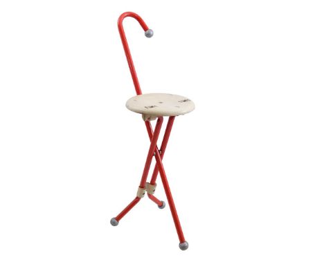 Ivan LossRed metal folding walking stick/stool with plastic seat, design Ivan Loss, executed by Sandrigarden - Queen Garden, 