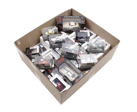Box with scale model cars, brands including Herpa, Schuco, Bang and Paul's model art