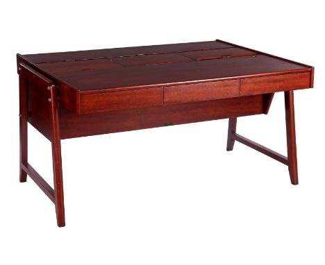 Teak veneer on birch architects desk with 3 drawers, 3 roller shutters in the top and 3 open compartments at the rear, design