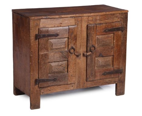 Robust oak 2-door cabinet with panel doors and iron fittings, approx. 1750, 77 cm high, 93 cm wide, 43 cm deep