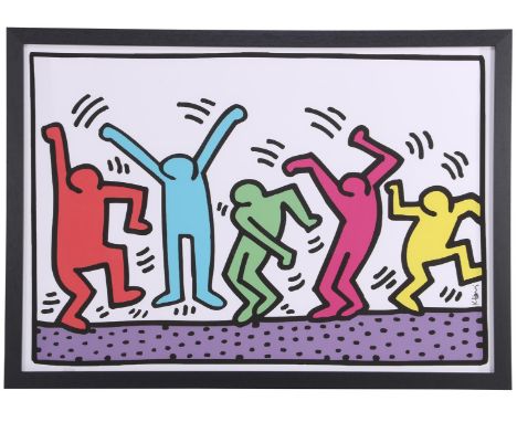 Wall decoration after Keith Haring, dancing figures, color lithograph 30/200, outside size is 87x122 cm
