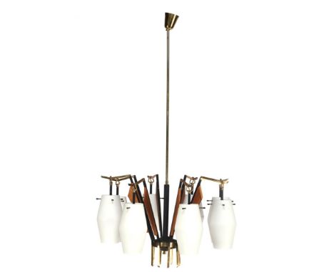 Blackened metal and brass 8-light hanging lamp with teak accents and frosted white glass lampshades, attributed to Stilnovo, 