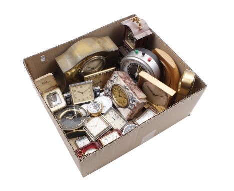 Box of various clocks, alarm clocks, compass, stopwatches etc.