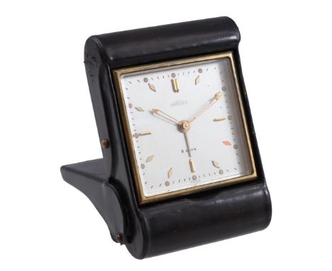 Angelus Swiss travel alarm clock, movement numbered 94896, 1960s, in a black leather case, 9.5x6.5 cm (block number 5 is miss