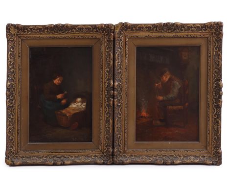Unclearly signed, mother with child in cradle and man with pipe in front of fireplace, 2 oil paintings on panel, each 30x20 c