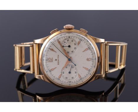 Zenith men's wristwatch with stopwatch function in a gold case, on a gold strap, 18 kt., case number is 145140 / 19518, case 