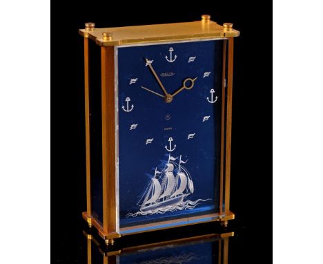 Jaeger LeCoultre travel alarm clock with nautical decor in 3D, alarm clock with music box, case bottom numbered 2161, 13 cm h
