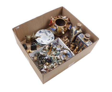 Box various b.u. earthenware plastic Japanese miniatures of figures, bronze and lead elephants, Des Pots glazed earthenware v
