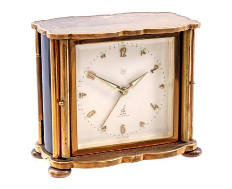 Jaz de Luxe Swiss table clock in brass case with doors with engraved decor with fish, 1950s/1960s, 7.5 cm high, 9 cm wide