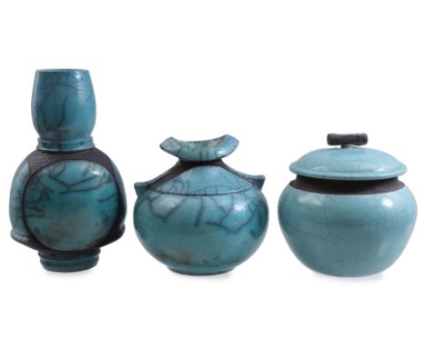 2 Raku ceramic turquoise glazed vases and 1 lidded pot among. marked, highest 34 cm