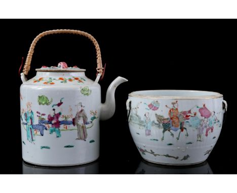 Porcelain pot with metal handles and polychrome decor of a philosopher with ruyi scepter on qilin and various people, China T