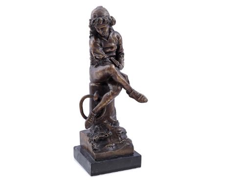 Bronze statue of a sitting boy on a mooring post, on a marble base, 36 cm high