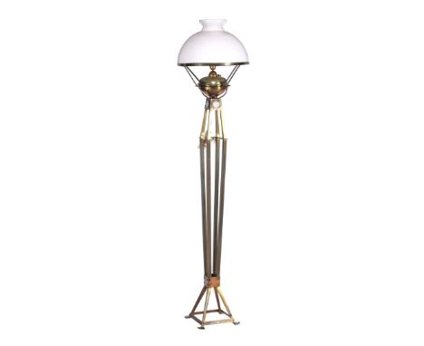 Brass standing floor lamp with cloisonné decoration and opaline glass shade, Art Deco period ca. 1920, 171 cm high, shade 40 