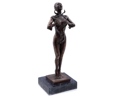 Bronze statue of a lady in a catsuit, after Jules Dalou, on a marble base, 33 cm high