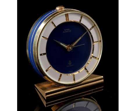 Cyma Amic Swiss travel alarm clock, 1960s, 62 mm diameter in a leather case