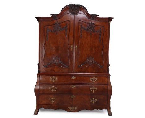 Mahogany veneer on oak cabinet with stitchwork of birds with torches on top, flower ornaments on contoured hood, stitchwork o