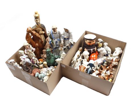 2 boxes with porcelain and earthenware figurines and jugs including Goebel and Rosenthal