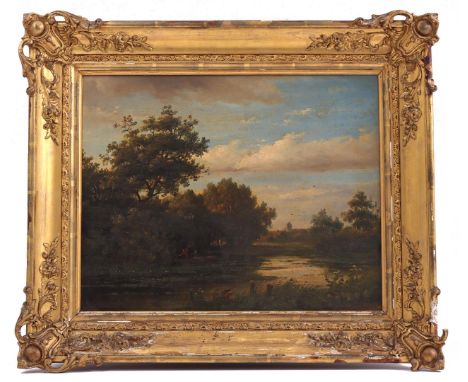 Johannes Pieter Wisselingh (1812-1899)Dutch landscape with men in a boat with a view of the city, panel 39x41 cm