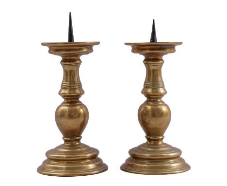 2 bronze pen candlesticks, Flanders or Germany, 17th century, approx. 33 cm high