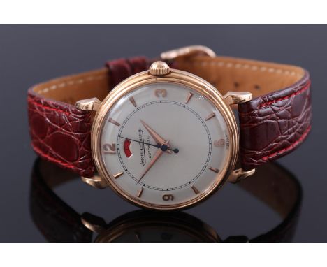 Jaeger LeCoultre automatic men's wristwatch in gold case, case size is 34 mm on a leather strap