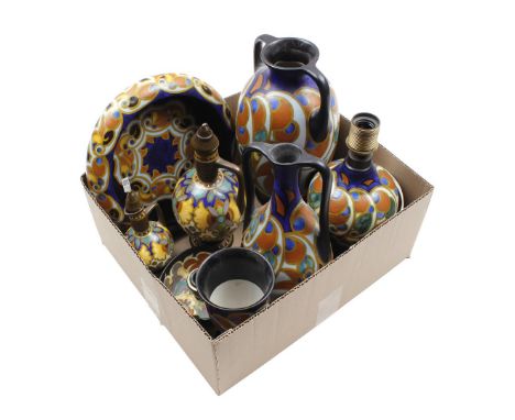 8 pieces of pottery including South Holland Gouda, decor Madeleine and Rolinde and Zenith Gouda decor Rythme (most with minor