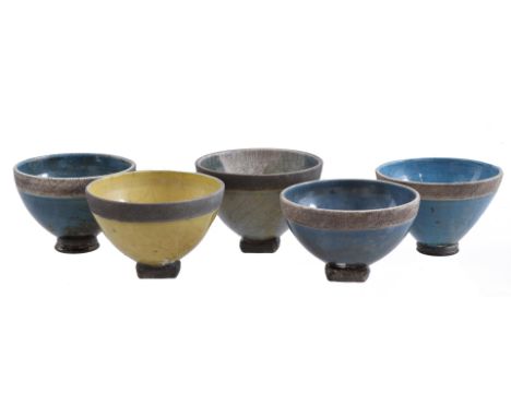 5 Raku ceramic glazed bowls, all marked, height 10 cm