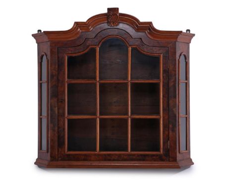 Burr walnut veneer on oak 3-shelf wall display cabinet, 81 cm high, 90 cm wide, 26 cm deep