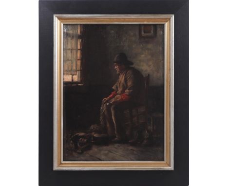 Philip Lodewijk Jacob Frederik Sadée (1837-1904)Fisherman on a chair in front of the window with a pipe in his hand, canvas d