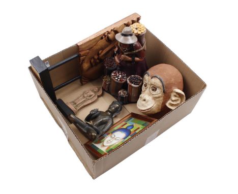 Various box including bronze Buddha statue, 17 cm high, wood carving of Buddha, earthenware statue of Buddha, earthenware hea