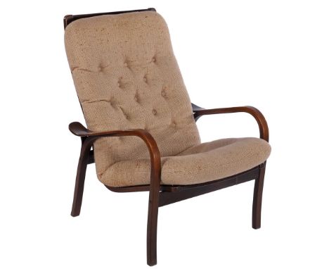 Yngve Ekström (1913-1988)Dark stained curved beech wood armchair with sand-colored upholstery, design Yngve Ekström, executed