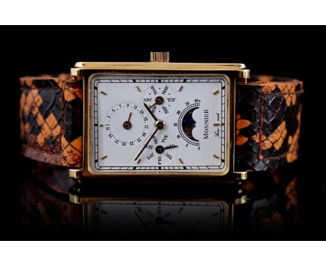 Jean Lasalle Genève, Monnier men's wristwatch, hand wound, in a gold case, case size is 26 mm wide, with leather strap (moon 