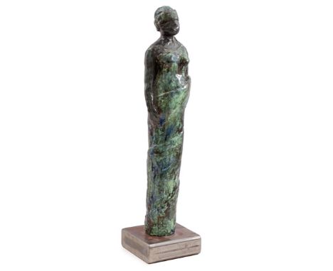 Monogram B, ceramic figure of a blinded lady, standing on a metal pedestal, 62 cm high in total