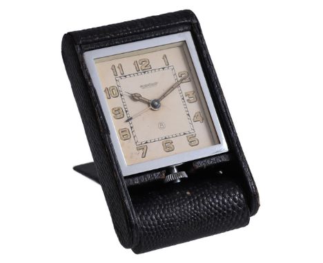 Jaeger LeCoultre travel alarm clock in a leather case, 1950s, 11.5x6.5