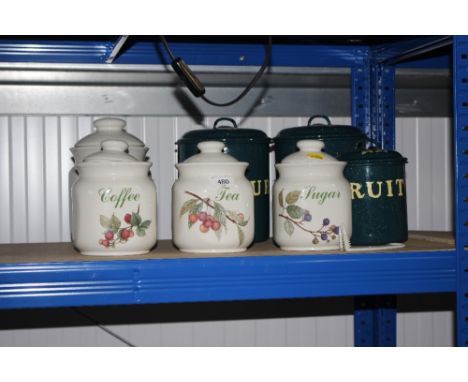 Four Noritake storage jars and covers and three enamelled storage jars and covers