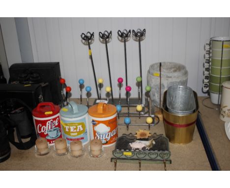 Three retro style storage jars and covers; tea light candles; planters; coat hooks etc