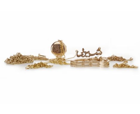 GROUP OF NINE CARAT GOLD CHAINSincluding a nine carat gold locket and nine carat gold gate link bracelet; along with two eigh