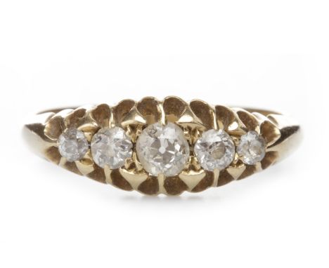 EIGHTEEN CARAT GOLD DIAMOND FIVE STONE RINGset with old cut diamonds totalling approximately 0.50 carats, size O, 3.3g