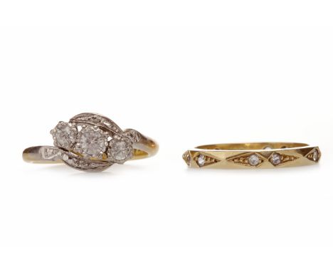 EIGHTEEN CARAT GOLD GEM SET THREE STONE RINGin a twist setting, size J, marked 18ct & plat to the shank; along with nine cara