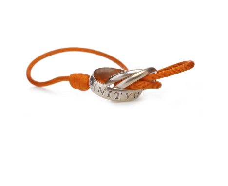 THREE INTERLINKING BANDSone with embossed lettering, all unmarked, approximately size K, approximately 9.5g gross 